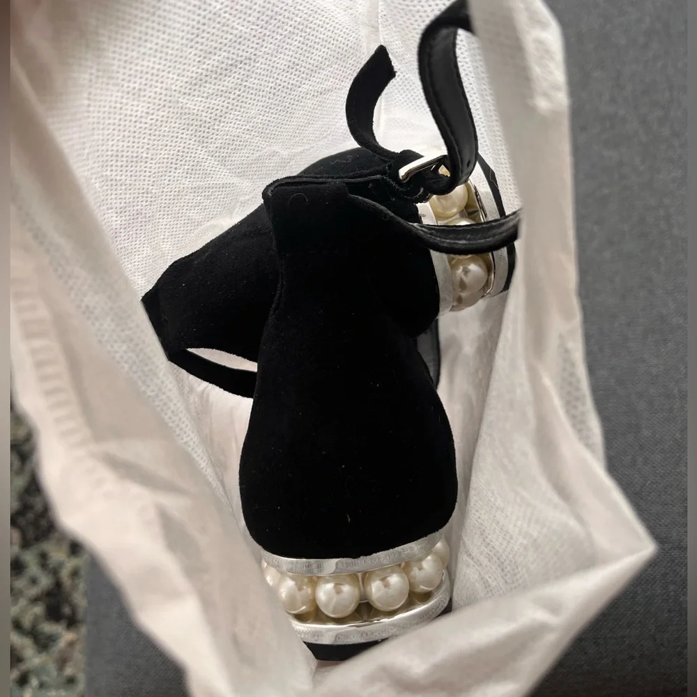 NWOT Black Suede Sandals Pearl Block Heel Ankle Strap Dress Shoes 7